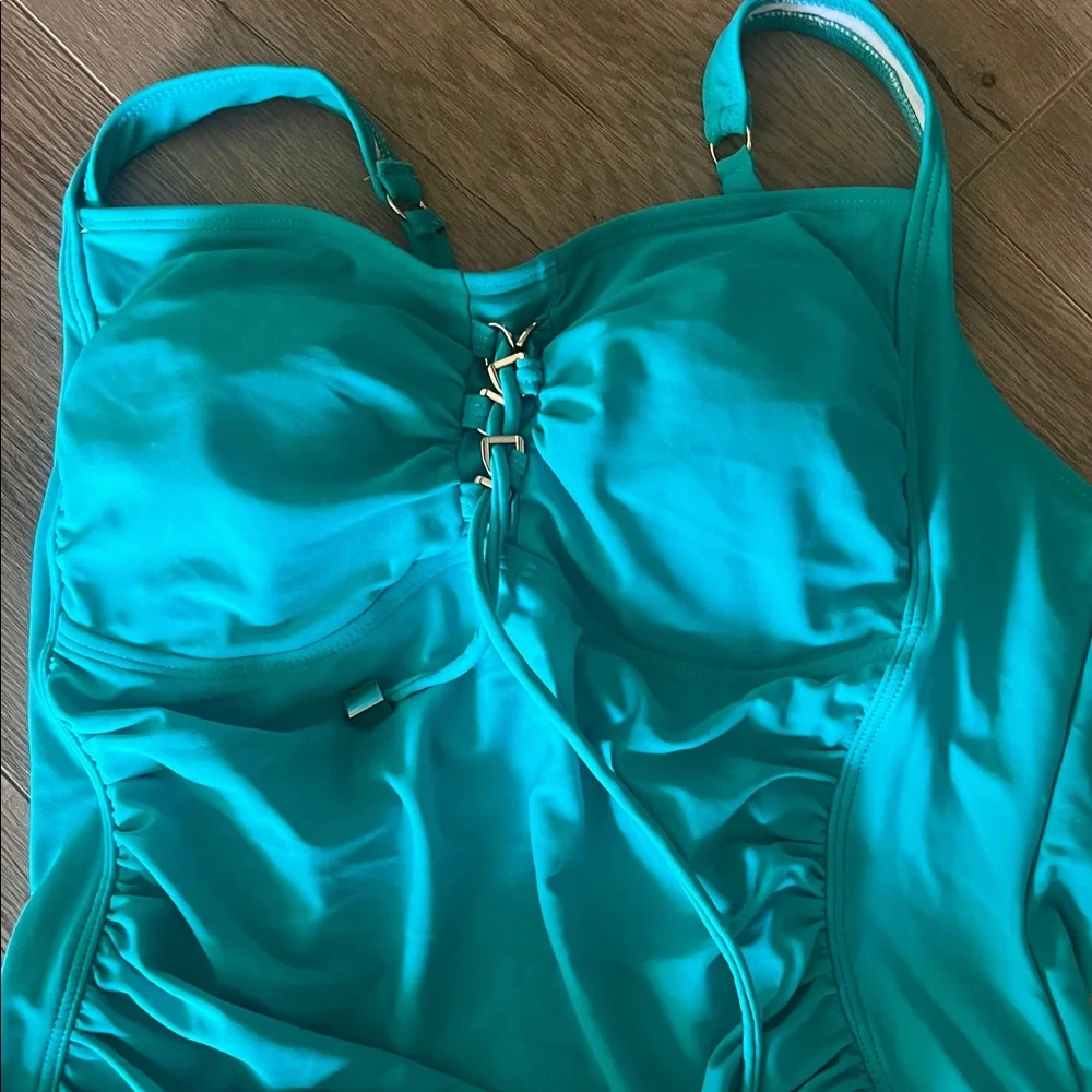 Teal Lace-Up Ruched Swim Tank - Picture 5 of 5